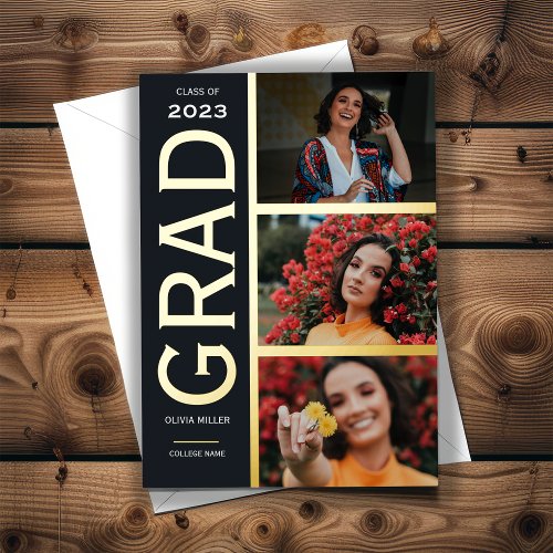 Gold Foil 3 Photo Collage Graduation Announcement