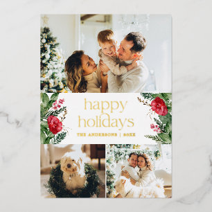 Gold Foil 3 Photo Elegant Winter Greenery Holiday  Invitation