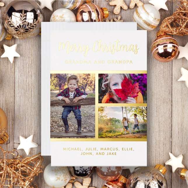 Gold Foil 3 Photo Grandparent Grandchild Christmas Holiday Card (Real gold foil 3-photo Christmas greeting card, customizable with your own text.)