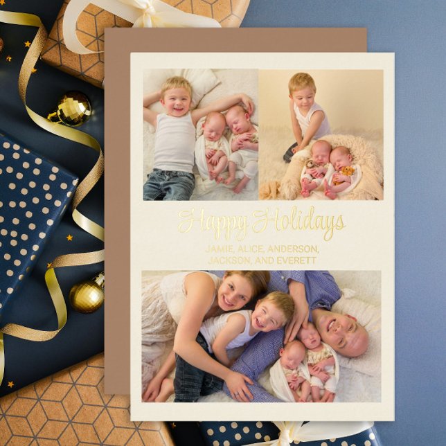 Gold Foil 3 Photo Happy Holidays Family Foil Holiday Card (Creator Uploaded)