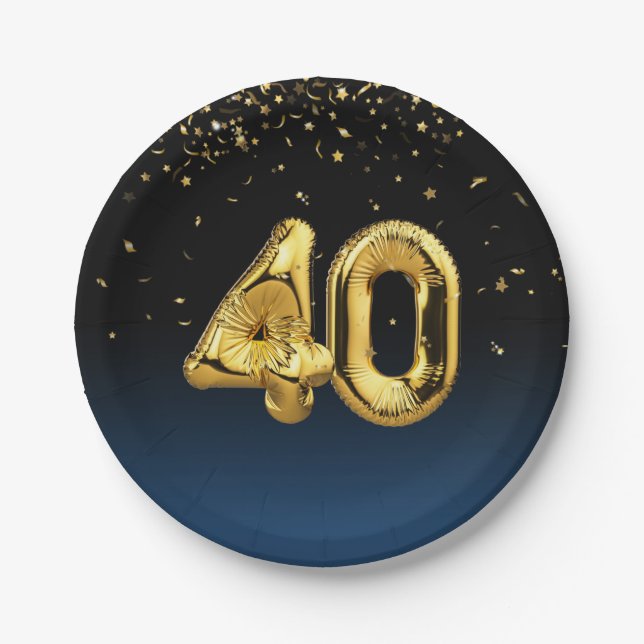 Gold Foil 40 Balloons And Confetti Paper Plate (Front)
