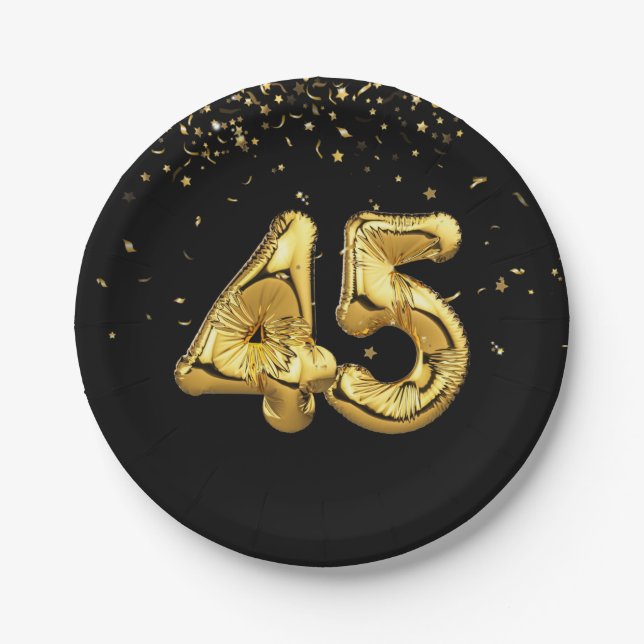 Gold Foil 45 Balloons And Confetti Paper Plate (Front)