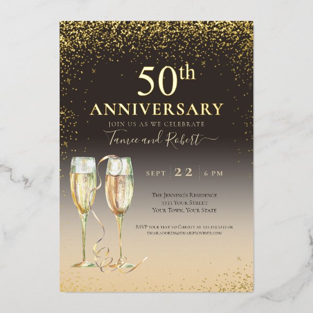 Gold Foil 50th Glitter Champagne Anniversary Foil Invitation (Front)