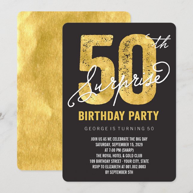 Gold Foil 50th Surprise Birthday Party Invite (Front/Back)