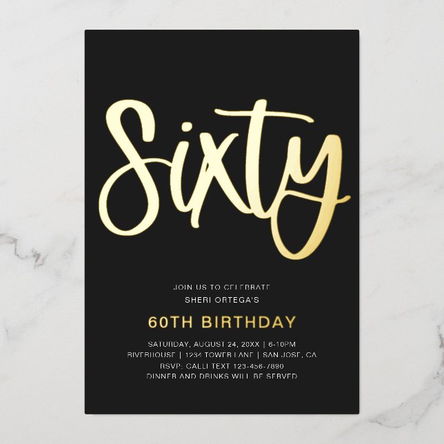 Gold Foil 60th Birthday Invitation | Sixtieth Foil Foil Invitation (Front)