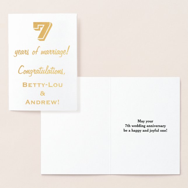 Gold Foil 7th Wedding Anniversary + Custom Names Foil Card (Display)