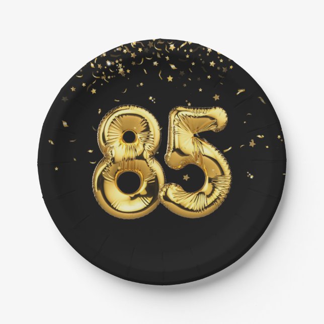 Gold Foil 85 Balloons And Confetti Paper Plate (Front)