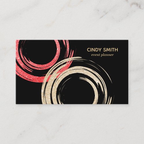 Gold foil abstract circles red glittering brushes business card
