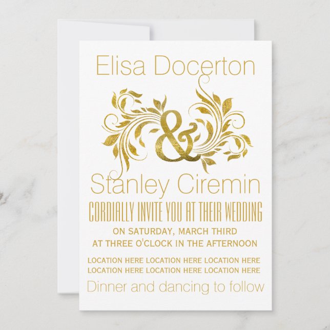 Gold foil ampersand and scroll leaf floral wedding invitation (Front)