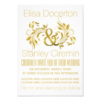 Gold foil ampersand and scroll leaf floral wedding invitation