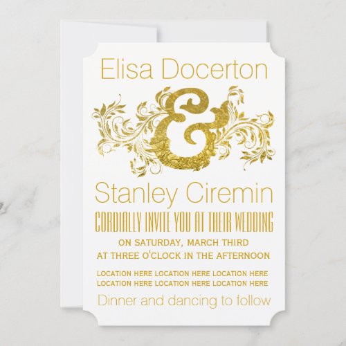 Gold foil ampersand and scroll leaf floral wedding invitation