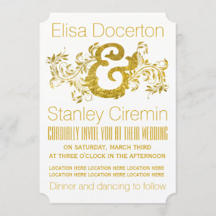 Gold foil ampersand and scroll leaf floral wedding invitation