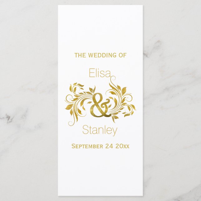 Gold foil ampersand and scroll wedding program (Front)