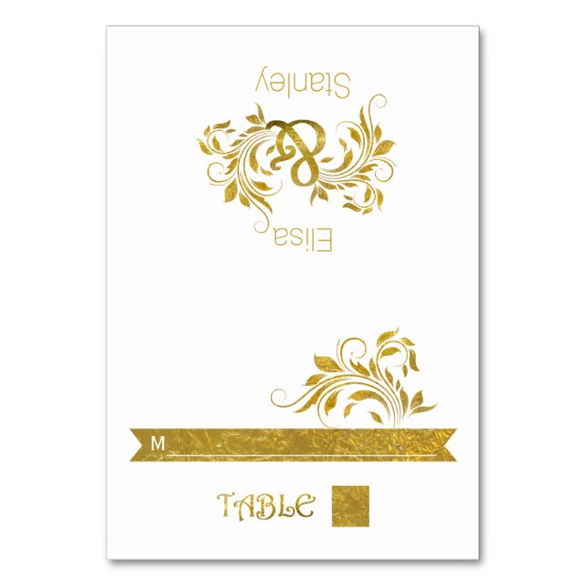 Gold foil ampersand & scroll wedding escort card (Front)