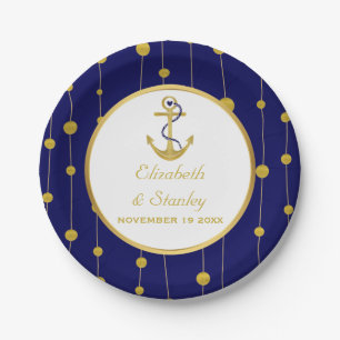 Gold foil anchor nautical modern wedding paper plates