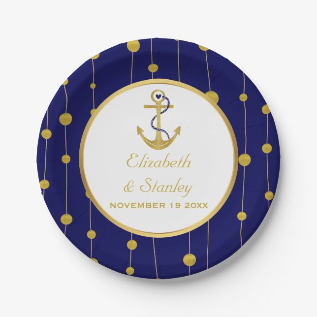 Gold foil anchor nautical modern wedding paper plates (Front)