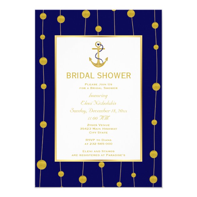 Gold Foil Anchor Nautical Wedding Bridal Shower Invitation