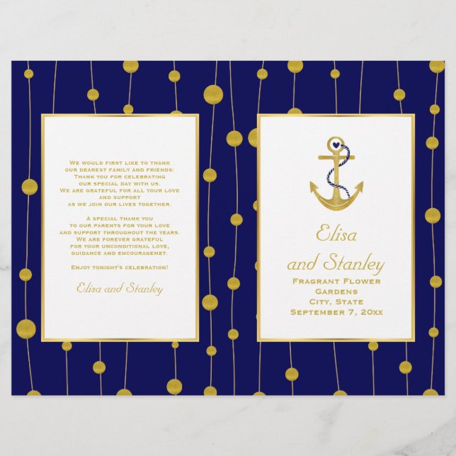 Gold foil anchor nautical wedding folded program (Front)