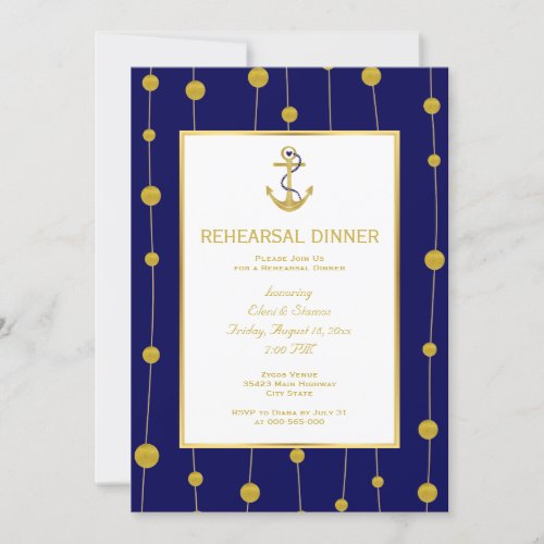 Gold foil anchor nautical wedding rehearsal dinner invitation