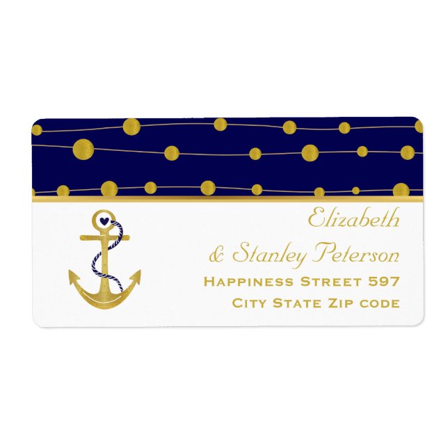 Gold foil anchor navy blue nautical modern wedding label (Front)