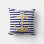 Gold Foil Anchor Navy Blue White Stripes Nautical Outdoor Pillow at Zazzle