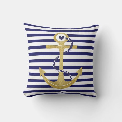 Gold foil anchor navy blue white stripes nautical outdoor pillow