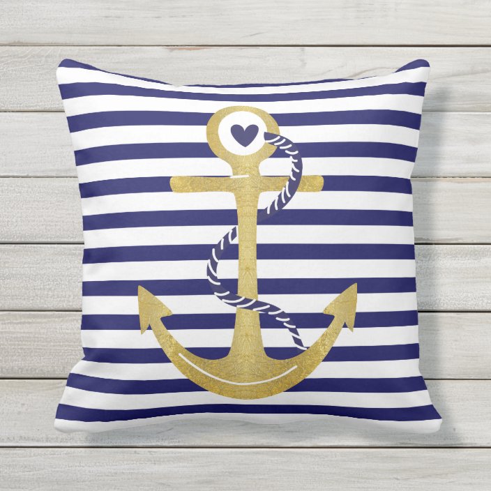 Gold Foil Anchor Navy Blue White Stripes Nautical Outdoor Pillow Gold Foil Anchor Navy Blue White