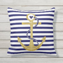Gold foil anchor navy blue white stripes nautical outdoor pillow