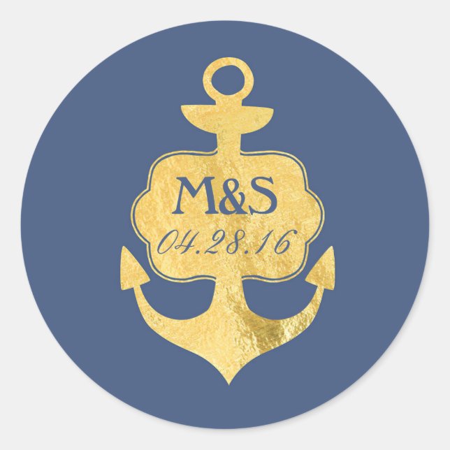 Gold Foil Anchor Navy Wedding Classic Round Sticker (Front)