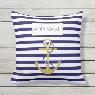 Gold foil anchor striped pattern trendy nautical outdoor pillow