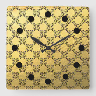 Gold Foil and Black Brocade Pattern Wall Clock