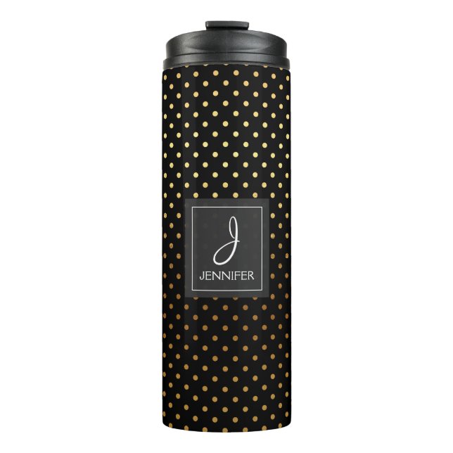 Gold Foil and Black Polka Dot Pattern Monogram Thermal Tumbler (Front)