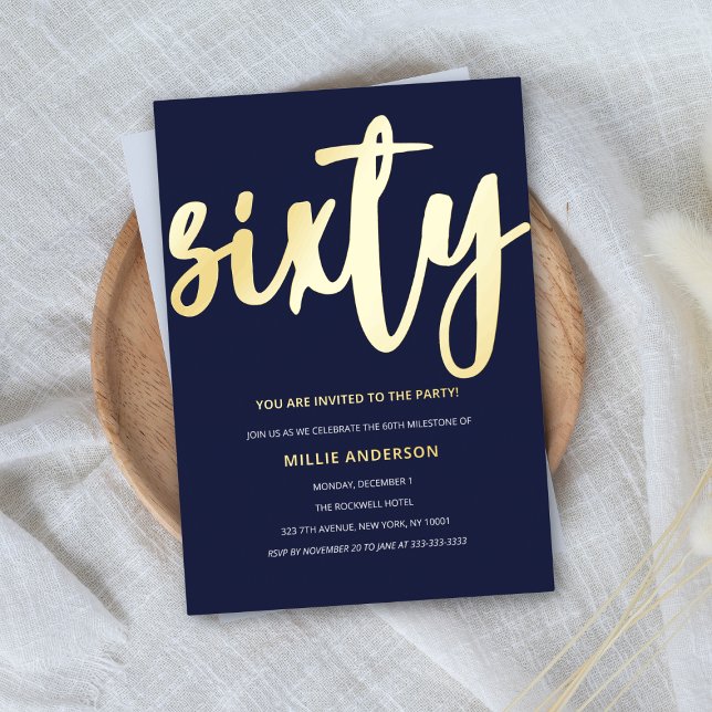 Gold Foil and Blue 60th Birthday Party Foil Invitation (Creator Uploaded)