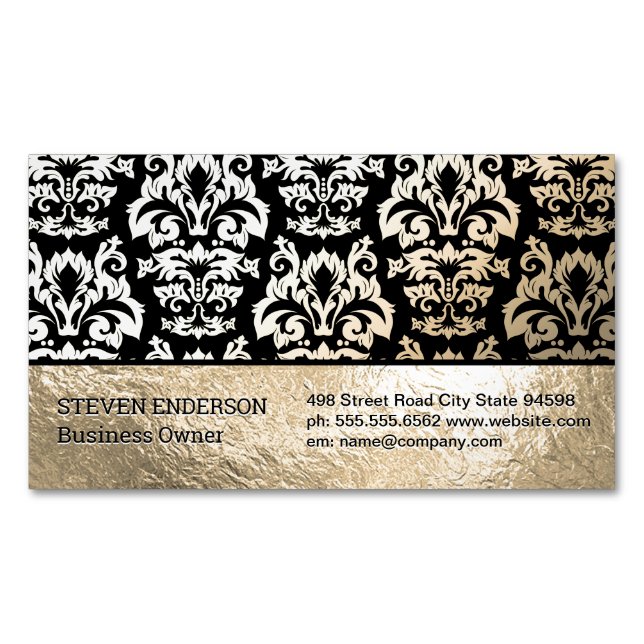 Gold Foil and Damask Pattern Business Card Magnet (Front)