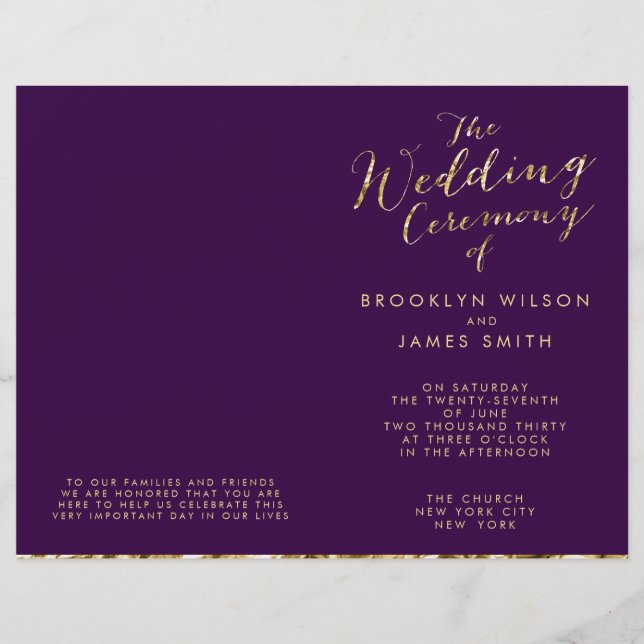 Gold Foil And Dark Purple Wedding Programs (Front)