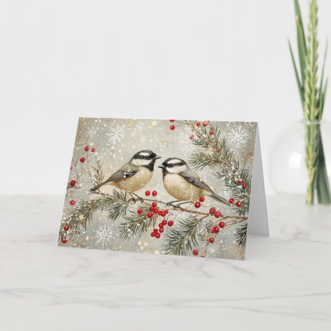 Gold Foil and Glitter Chickadees with Snow Card (Front)