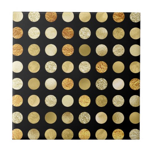 Gold Foil and Glitter Polka Dots Black Tile