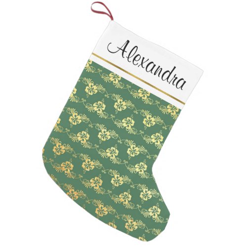 Gold Foil and Green Hawaiian Tropical Flowers Small Christmas Stocking