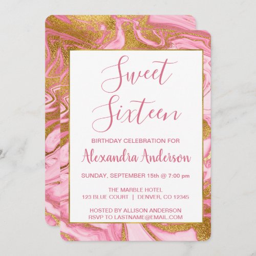 Gold Foil and Hot Pink Marble Sweet 16 Birthday Invitation