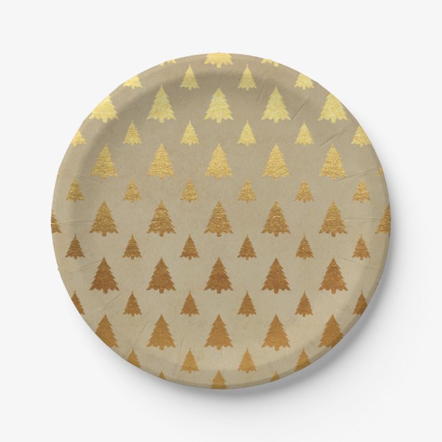 Gold Foil and Kraft Paper Rustic Christmas Tree Paper Plates (Front)