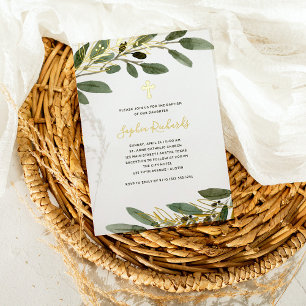 Gold Foil and Mediterranean Olive Leaves Baptism Invitation