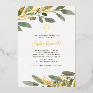 Gold Foil and Olive Leaves Confirmation Invitation