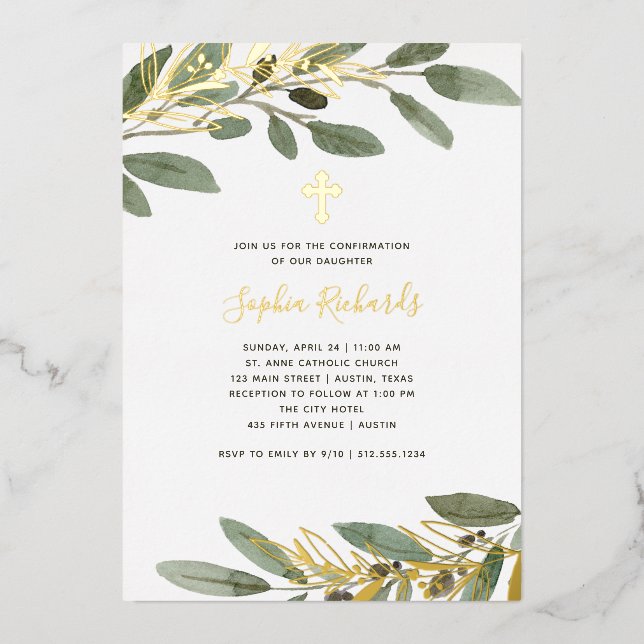 Gold Foil and Olive Leaves Confirmation Invitation (Front)