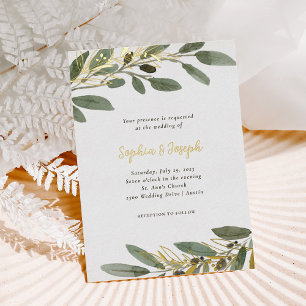Gold Foil and Olive Leaves   Wedding Invitation