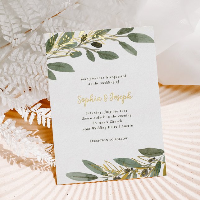Gold Foil and Olive Leaves | Wedding Invitation (Creator Uploaded)