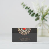 Gold Foil and Red Black Linen Look Cosmetology Business Card (Standing Front)
