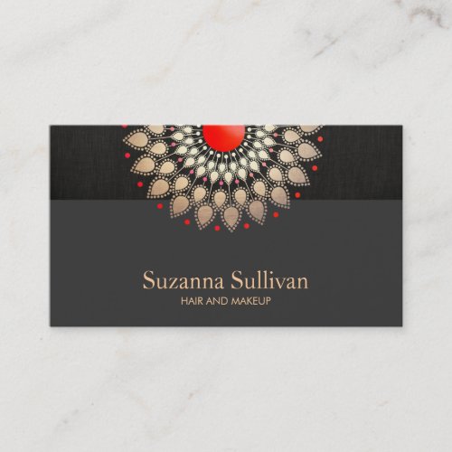 Gold Foil and Red Black Linen Look Cosmetology Business Card