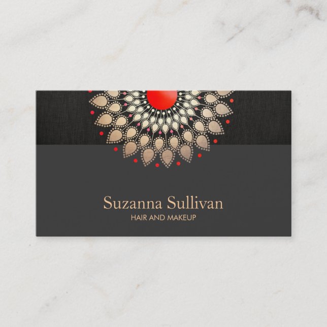 Gold Foil and Red Black Linen Look Cosmetology Business Card (Front)