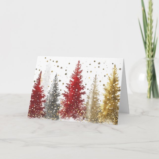 Gold Foil and Red Trees with Sparkling Snow Card (Front)
