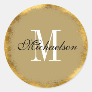 Gold Foil and White Monogram Classic Round Sticker